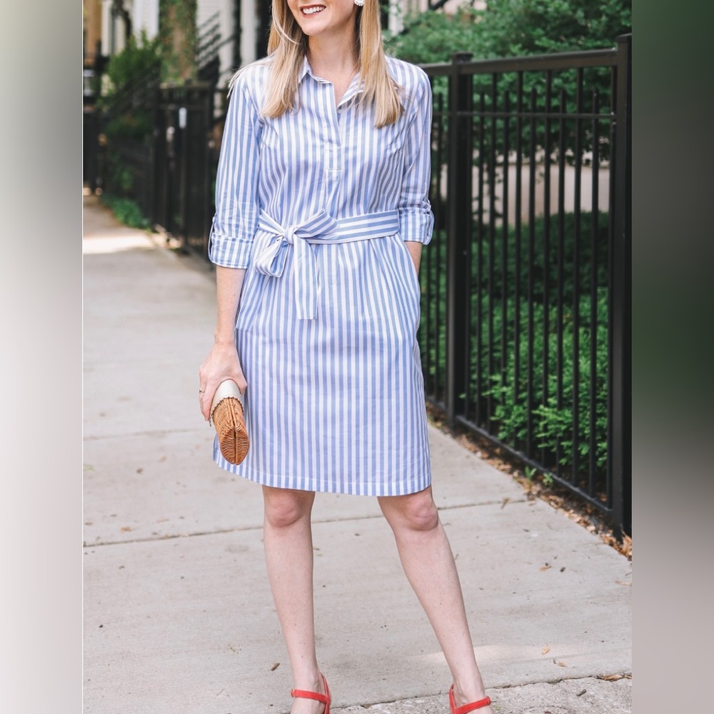 1901 Cotton Blend Striped Belted MIDI Shirt Dress Size M